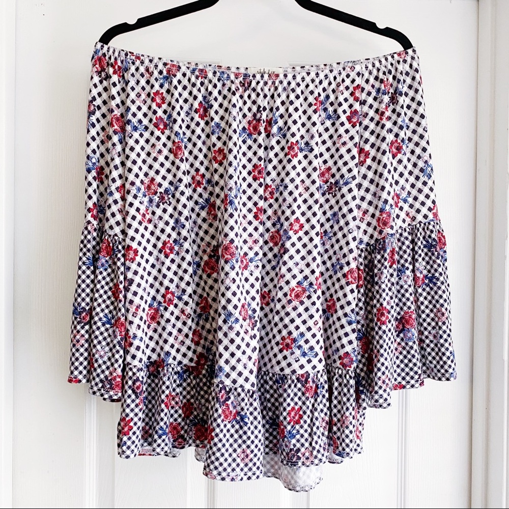 Style & Co Gingham Floral Off Shoulder Top Medium - Picture 2 of 7